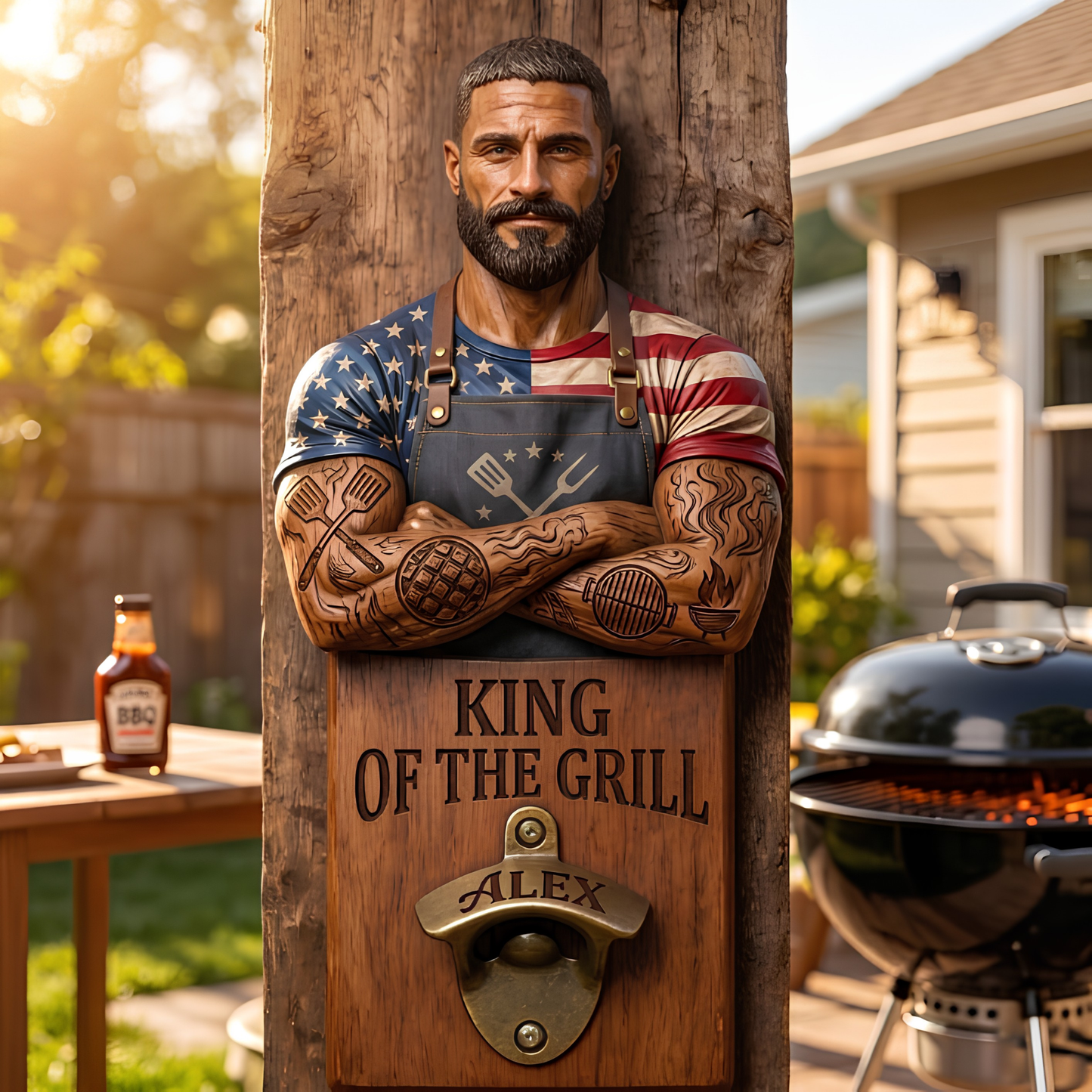 King of the Grill Personalized Wall Bottle Opener - Custom BBQ Dad Gift