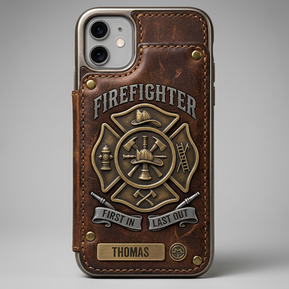 Personalized Firefighter Leather Wallet Phone Case – Custom Name RFID Flip Folio iPhone Case Gift for Firefighters