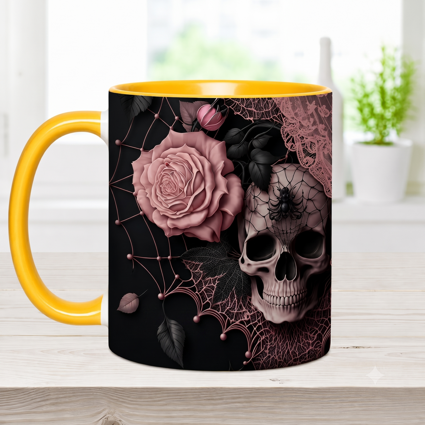Personalized Gothic Skull Mug with Custom Name, Dark Aesthetic Pink Rose Coffee Cup, Spooky Goth Gift for Her, 11oz 15oz Accent Mug