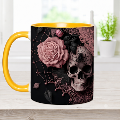 Personalized Gothic Skull Mug with Custom Name, Dark Aesthetic Pink Rose Coffee Cup, Spooky Goth Gift for Her, 11oz 15oz Accent Mug