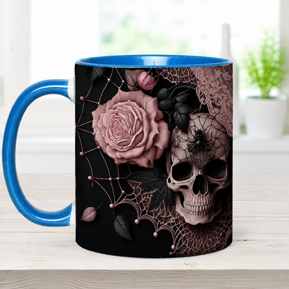Personalized Gothic Skull Mug with Custom Name, Dark Aesthetic Pink Rose Coffee Cup, Spooky Goth Gift for Her, 11oz 15oz Accent Mug