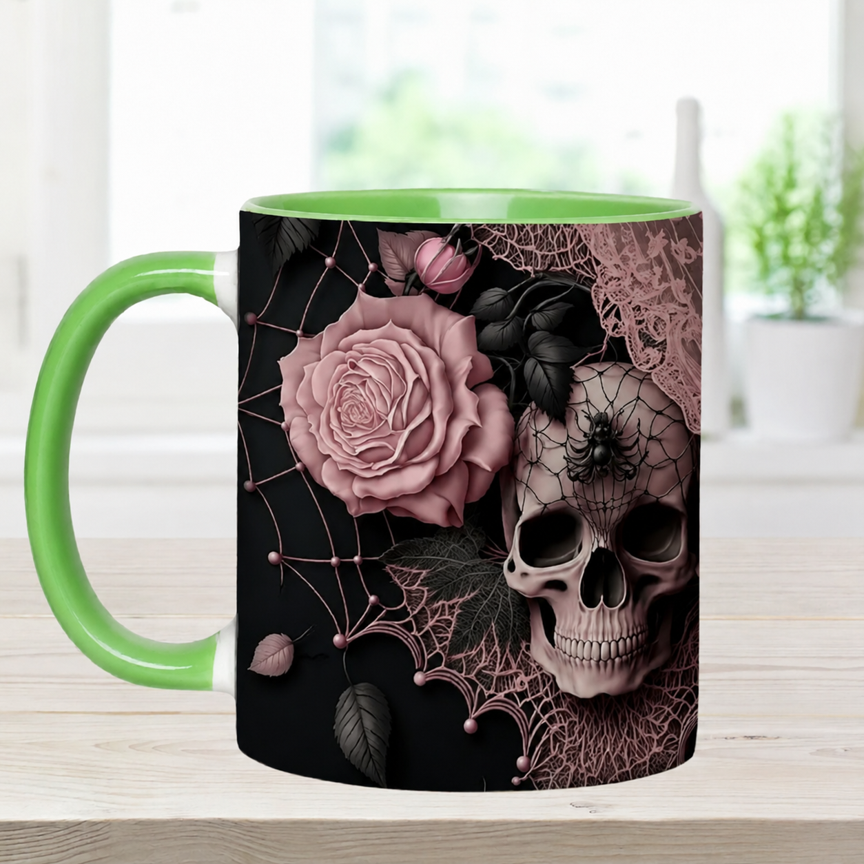 Personalized Gothic Skull Mug with Custom Name, Dark Aesthetic Pink Rose Coffee Cup, Spooky Goth Gift for Her, 11oz 15oz Accent Mug