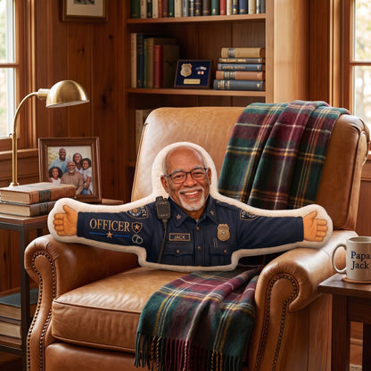 Personalized Police Officer Hug Pillow – Custom Photo Faux Fur Shaped Pillow, Police Dad & Grandpa Comfort Gift